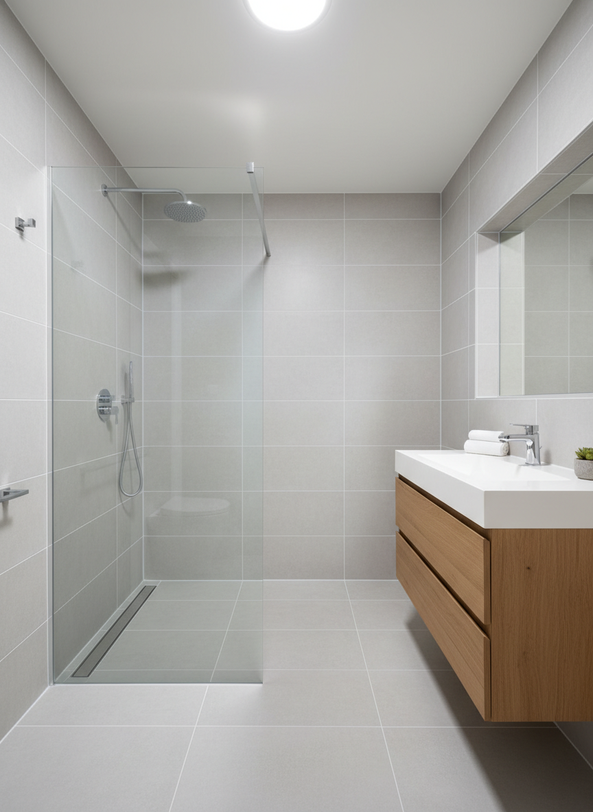 A pristine, newly completed bathroom renovation that communicates turnkey quality: a walk-in shower with a perfectly aligned frameless glass partition, large-format light gray tiles with razor-straight grout lines, and a wall-mounted vanity in warm wood veneer topped by a white solid-surface sink. A carefully installed recessed mirror niche reflects soft, diffused ceiling lighting. Chrome fixtures gleam without fingerprints, and a linear floor drain is flawlessly integrated into the tile pattern. Photographed at eye level in photographic realism, with balanced exposure and crisp detail in every corner. The composition is symmetrical and uncluttered, emphasizing cleanliness, precision, and durability. The atmosphere is calm and spa-like, suggesting a renovation delivered on time and without stress by a meticulous general contractor.