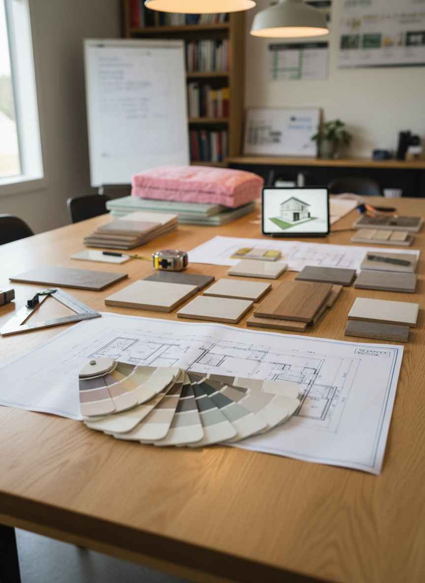 A well-equipped, tidy renovation planning space with a large, smooth wooden worktable covered in neatly arranged architectural blueprints, material samples, and tools. Detailed floor plans, elevation drawings, a fan of paint swatches in calm neutral colors, and samples of ceramic tile, engineered wood, and insulation are laid out with precision. A sturdy metal measuring tape, a square, and a tablet displaying a 3D house model rest nearby. Soft natural daylight from an unseen window mixes with warm overhead lighting, creating a balanced, inviting glow. Captured from a slightly elevated angle with shallow depth of field, the foreground plans are sharp while the background softens. The photographic realism and clean, modern aesthetic create a mood of organization, control, and stress-free project planning with a professional general contractor.